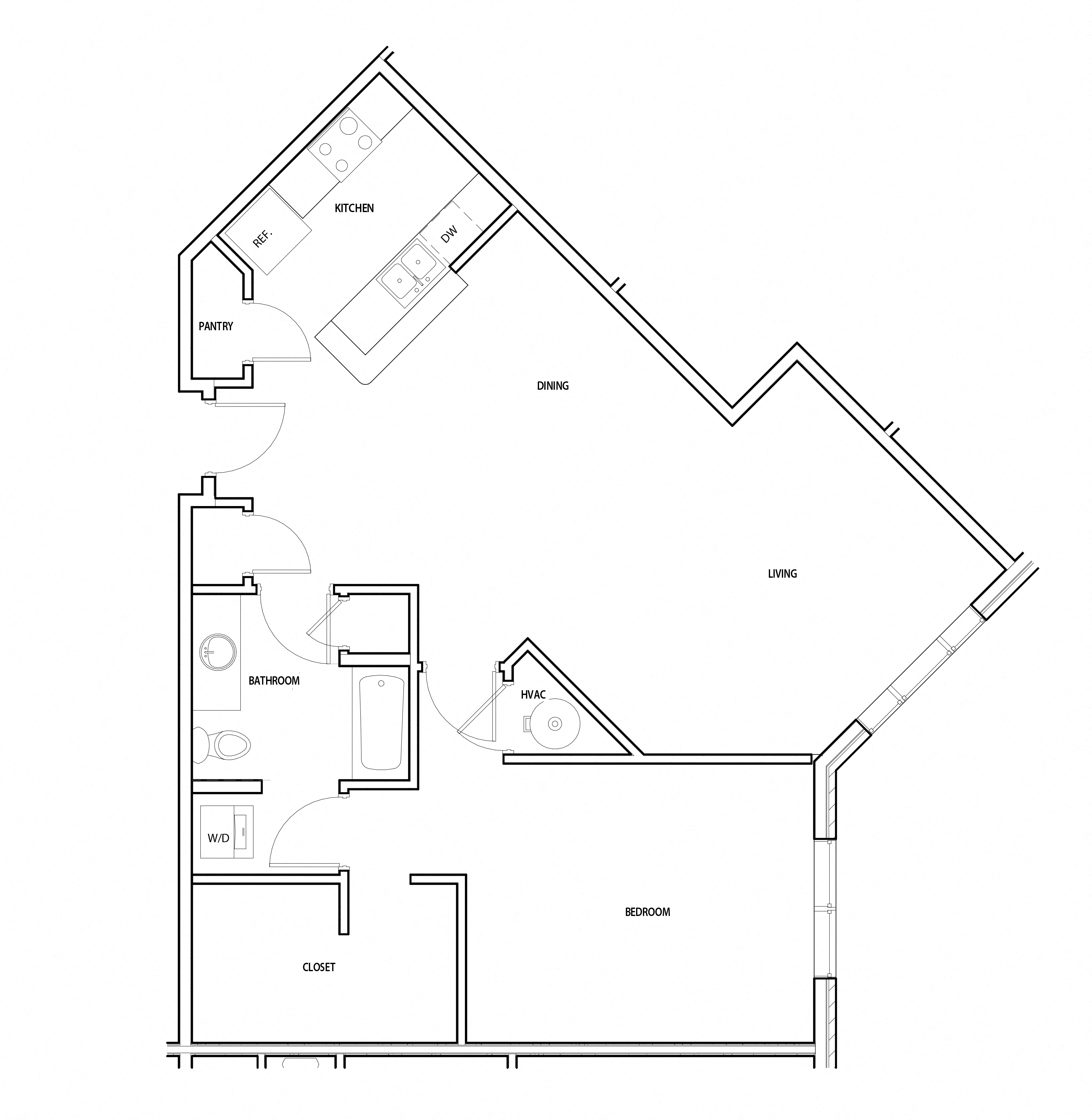 Floor plan for 1 bed, 1 bath, 970 sqft